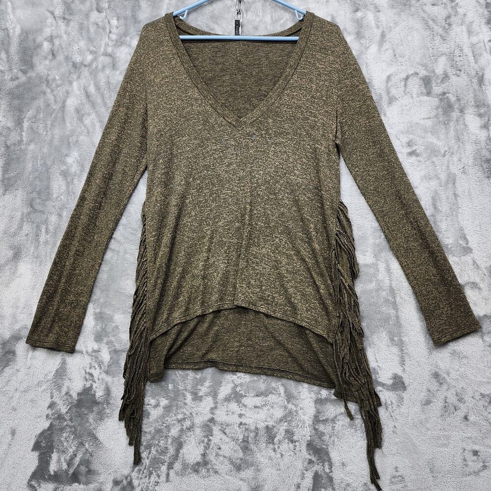 Riller‎ & Fount Sweater Womens O/XS Brown Fringe Slit Tunic V-Neck Long Sleeves